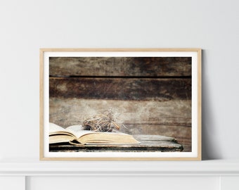 Rustic Nature Home Wall Decor - Bird Nest & Nursery Rhyme Book, Garden Art Print or Canvas Artwork