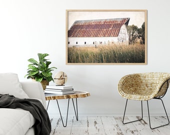 White Country Barn - Rustic Farmhouse Wall Decor, Rural Farm Landscape, Barnscape Art Print or Canvas Artwork