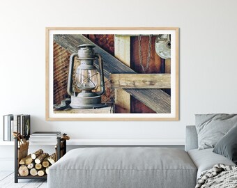 Rustic Farmhouse Wall Decor - Barn Lantern Photograph, Industrial Artwork, Prints & Canvas