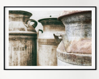 Rustic Country Wall Decor - Milk Cans, Art for the Farmhouse Kitchen, Prints & Canvas Artwork