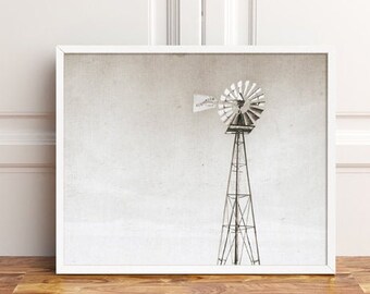Gray Windmill Wall Art - Neutral Farmhouse Living Room Decor, Farm Prints or Canvas Artwork