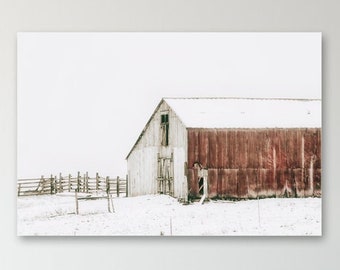 Rustic Red Barn Winter Landscape - Farmhouse Wall Decor, Art Prints & Canvas