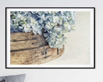 Blue Hydrangeas Flower Photography - Modern Rustic Farmhouse Decor, Print or Canvas Wall Art, French Country Cottage Decor 'Faded Denim'