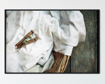 Laundry Room Wall Art Decor - Clothes Basket, Linens & Vintage Clothespins Still Life, Rustic Farmhouse Style Artwork, Prints or Canvas