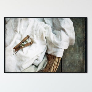 Laundry Room Wall Art Decor Clothes Basket, Linens & Vintage Clothespins Still Life, Rustic Farmhouse Style Artwork, Prints or Canvas Print (Unframed)