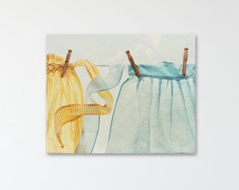 Country Laundry Room Wall Art Decor - Summer Clothesline Photo, Turquoise & Yellow Artwork, Prints or Canvas Art