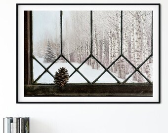 Rustic Farmhouse Wall Art Decor - Winter Aspen Tree Landscape, Window Scene Prints or Canvas Artwork