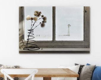 Rustic Winter Wall Art - Windmill Photo, Farmhouse Window Farm Scene, Country Decor, Print or Canvas Artwork