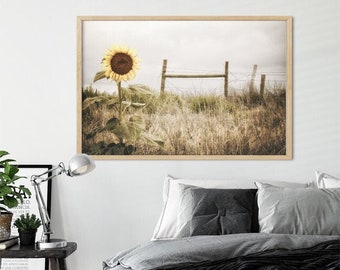 Farmhouse Rustic Wall Decor - Sunflower Fields, Country Landscape, Moody Art Print or Canvas Artwork