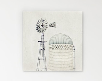 Windmill Wall Art - Neutral Gray Modern Farmhouse Decor, Square Prints or Canvas Artwork