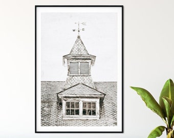 Rustic Farmhouse Wall Art - Barn Cupola & Weathervane Arrow, Neutral Color Vertical Print or Canvas Artwork