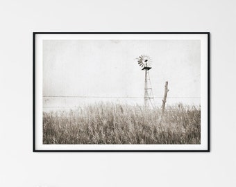 Rustic Windmill Photograph - Neutral Gray Farmhouse Wall Art, Farm Landscape Print or Canvas Artwork