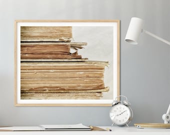 Rustic Neutral Farmhouse Office Wall Decor - Stack of Brown Books Photo, Library Artwork, Literary Art Prints or Canvas