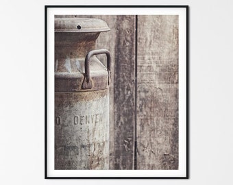 Kitchen Wall Art - Rustic Milk Can, Denver Colorado Decor, Farmhouse Style Prints or Canvas Artwork