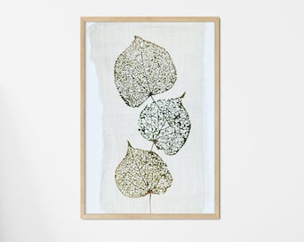 Tree Leaves Wall Art - Neutral Nature Decor, Three Leaves, Vertical Prints or Canvas Artwork