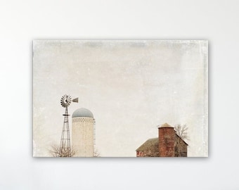 Rustic Country Wall Decor - Windmill Landscape, Neutral Farmhouse Colors, Barn Art Print & Canvas Artwork