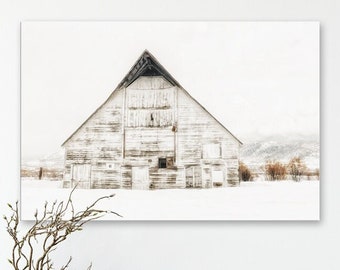 Colorado Winter Landscape - White Barn Art, Neutral Farmhouse Wall Decor Canvas & Prints