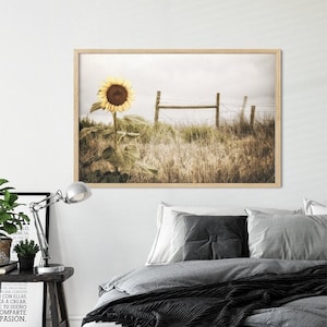 Farmhouse Rustic Wall Decor - Sunflower Fields, Country Landscape, Moody Art Print or Canvas Artwork