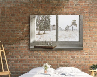 Winter Barn Landscape - Neutral Color Art Wall, Country Farmhouse Window Scene, Colorado Ranch Prints or Canvas Artwork