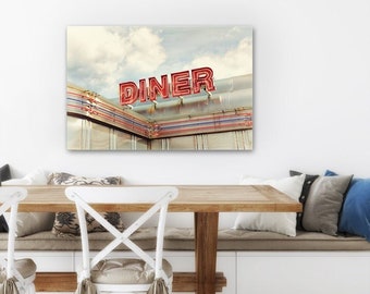 Retro Red Diner Sign Wall Art - Mid Century Kitchen Prints & Ready to Hang Canvas Artwork