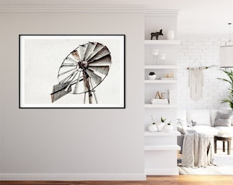 Windmill Artwork, Gray Farmhouse Wall Decor, Neutral Rustic Print or Canvas Art, 'Hilde Ranch'