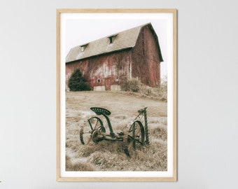 Rustic Red Farmhouse Wall Art Decor - Primitive Barn & Hay Mower, Vertical Print or Canvas