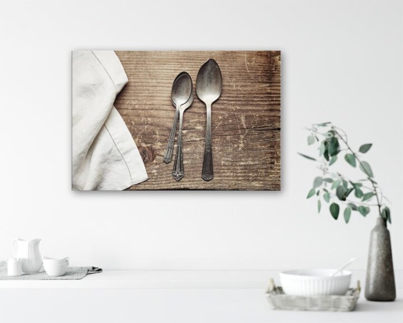 Kitchen Wall Art Spoon Prints & Canvas, Farmhouse Dining Room, Rustic Vintage Decor, Neutral Gray Artwork Canvas Wrap