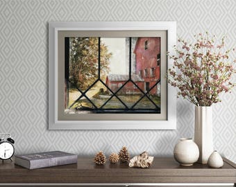 Red Barn Wall Art - Window Scene,  Rustic Farmhouse Decor, Farm Landscape Prints & Canvas Artwork