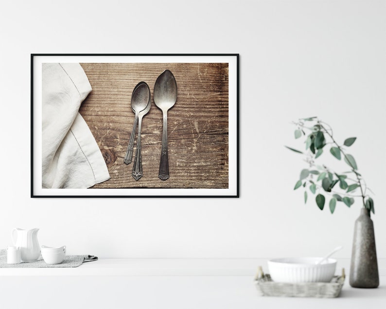 Kitchen Wall Art Spoon Prints & Canvas, Farmhouse Dining Room, Rustic Vintage Decor, Neutral Gray Artwork image 3