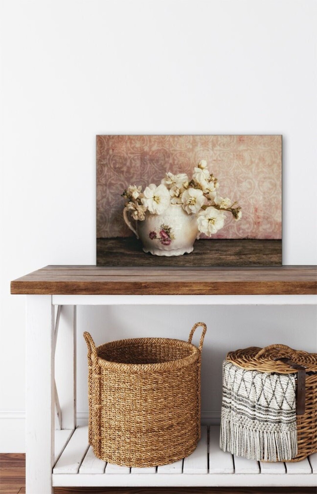 Pink Floral Wall Art - White Flowers, Shabby Chic, Country Farmhouse ...