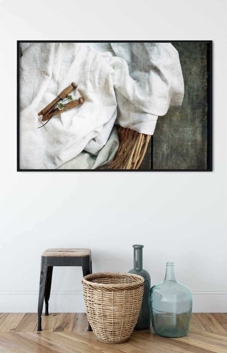 Laundry Room Wall Art Decor Clothes Basket, Linens & Vintage Clothespins Still Life, Rustic Farmhouse Style Artwork, Prints or Canvas Print (Unframed)