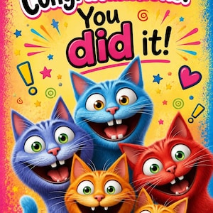 Könnte beinhalten: Eine bunte Grußkarte mit fünf Zeichentrickkatzen in Blau, Orange und Rot mit breiten, fröhlichen Gesichtern. Der Text oben lautet "Congratulations! You did it!" vor einem gelben Hintergrund mit verstreuten Sternen, Herzen und Konfetti.