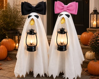 Porch Goose Halloween Costume for 23 Inch Goose, White Ghost Cover with Pink Bow and LED Lantern, Outdoor Fall Decor Gift