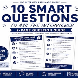 Peut inclure: Un guide numérique de deux pages intitulé 10 Smart Questions to Ask the Interviewer, présentant une liste de dix questions numérotées avec des icônes, conçu pour aider les candidats à se préparer aux entretiens avec du texte bleu foncé.