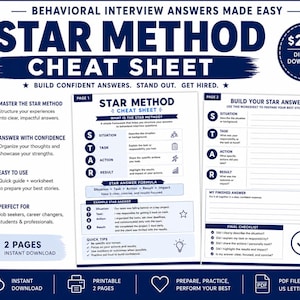 Op de afbeelding: Een digitaal spiekbriefje van twee pagina's voor de STAR-methode, met donkerblauwe tekst op een witte achtergrond. Het bevat secties voor situatie, taak, actie en resultaat, met een werkblad voor het voorbereiden van antwoorden en een checklist.