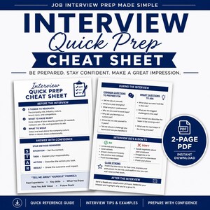 May include: A two-page digital interview preparation cheat sheet featuring dark blue text on a white background. The document includes sections for before, during, and after the interview, covering common questions, the STAR method, and professional tips.