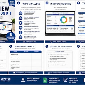 Puede incluir: Un kit de preparación para entrevistas que incluye un conjunto de herramientas digitales con seis hojas de trabajo y una guía de usuario. El diseño presenta un panel de control, una hoja de investigación de empresas, un constructor STAR y una lista.