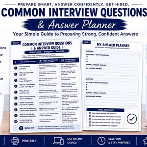 Puede incluir: Una guía digital de preparación para entrevistas de dos páginas titulada Common Interview Questions & Answer Planner. El documento incluye una lista de diez preguntas comunes, consejos para responder y una plantilla estructurada.