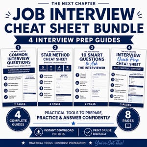 May include: A digital job interview cheat sheet bundle featuring four prep guides titled Common Interview Questions, Star Method Cheat Sheet, 10 Smart Questions to Ask, and Interview Quick Prep Cheat Sheet, all in dark blue text on a white background.