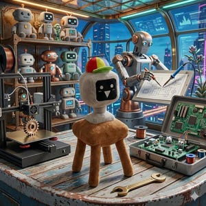 May include: A workshop scene with robot figures and a 3D printer. A plush robot with a screen face and a colourful cap sits on a small stool. Other robots are on shelves. A larger robot works on a blueprint, while a circuit board sits in a case.