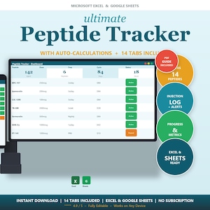 May include: A digital display of the "ultimate Peptide Tracker" on a computer monitor and a smartphone. The screen shows data tables and the text "Peptide Tracker". Additional circular graphics highlight features like "Injection Log + Alerts" and "Excel & Sheets Ready".