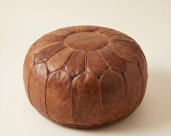 Large Handmade Moroccan Leather Pouf Ottoman | Cognac Beni Mguild Floor Cushion (55x35cm)