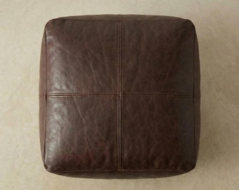 Handmade Moroccan Leather Pouf Ottoman | Large Square Boho Footstool