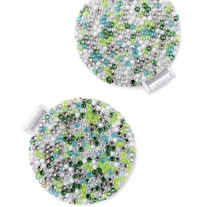 May include: Two circular hair clips featuring a dense arrangement of small, reflective rhinestones and beads in shades of white, lime green, emerald green, and light blue. Each clip has a white plastic hinge mechanism attached to the side.