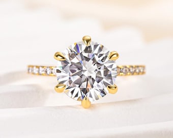 1.0 Ct ~3.0 Ct Round Cut 6 Prong Yellow Gold Promise Ring – 14k Solid Gold Moissanite | IGI Certified Lab Diamond | Personalized Ring