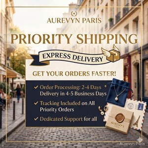 May include: A promotional graphic for Aurevyn Paris featuring a gold-bordered sign with the text Priority Shipping and Express Delivery. It displays a navy blue velvet pouch with a gold necklace, gold earrings, and a gift box with a wax seal.