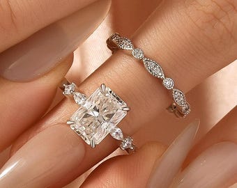 3.5Ct Radiant Cut White Gold Moissanite Bridal Set | Side Stone + Matching Band, IGI Certified Lab Diamond, Solid Gold & Platinum