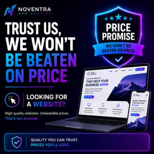 Puede incluir: Gr&aacute;fico promocional de Noventra Web Hosting, con un port&aacute;til y un smartphone que muestran dise&ntilde;os de sitios web. La imagen destaca una "Promesa de precio" con un icono de escudo y el texto "Conf&iacute;a en nosotros, no nos ganar&aacute;n en precio". El dise&ntilde;o utiliza un degradado de azul y morado.