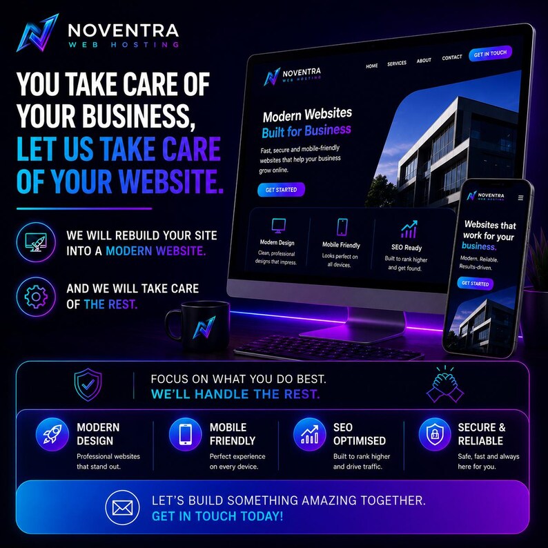 Puede incluir: Gr&aacute;fico de marketing digital para Noventra Web Hosting. La imagen presenta un monitor de computadora y un tel&eacute;fono inteligente que muestra un dise&ntilde;o de sitio web. El texto destaca servicios como dise&ntilde;o moderno, sitios optimizados para m&oacute;viles y optimizaci&oacute;n SEO.