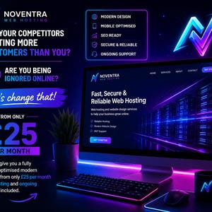 Puede incluir: Imagen promocional de Noventra Web Hosting. La imagen presenta un monitor de computadora que muestra un dise&ntilde;o de sitio web, un teclado, un mouse y una taza. El texto incluye "Dise&ntilde;o moderno" y "Alojamiento web r&aacute;pido, seguro y confiable". El esquema de color es azul y morado.